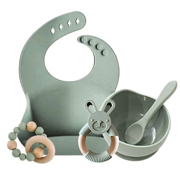5 piece silicone essential baby gift set in SAGE GREEN